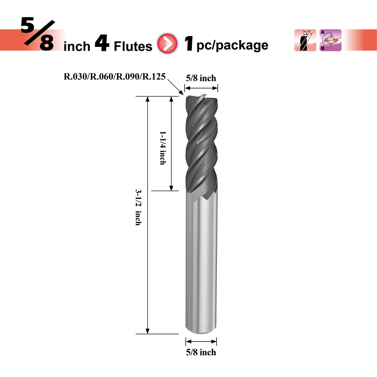 Carbide Corner Radius End Mill, R0.06, 5/8x22 H8593