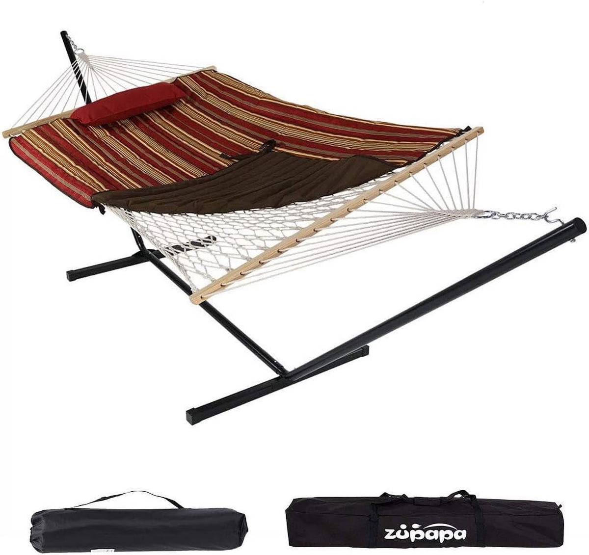 Double Outdoor Hammock with Stand, 2 Person Cotton Rope Hammock with Polyester Pad and Pillow F5981