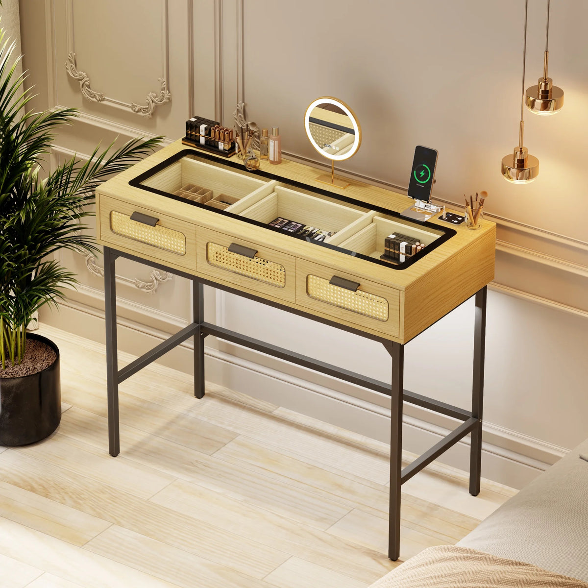 Makeup Vanity Desk with LED Lights and Charging Station X52257
