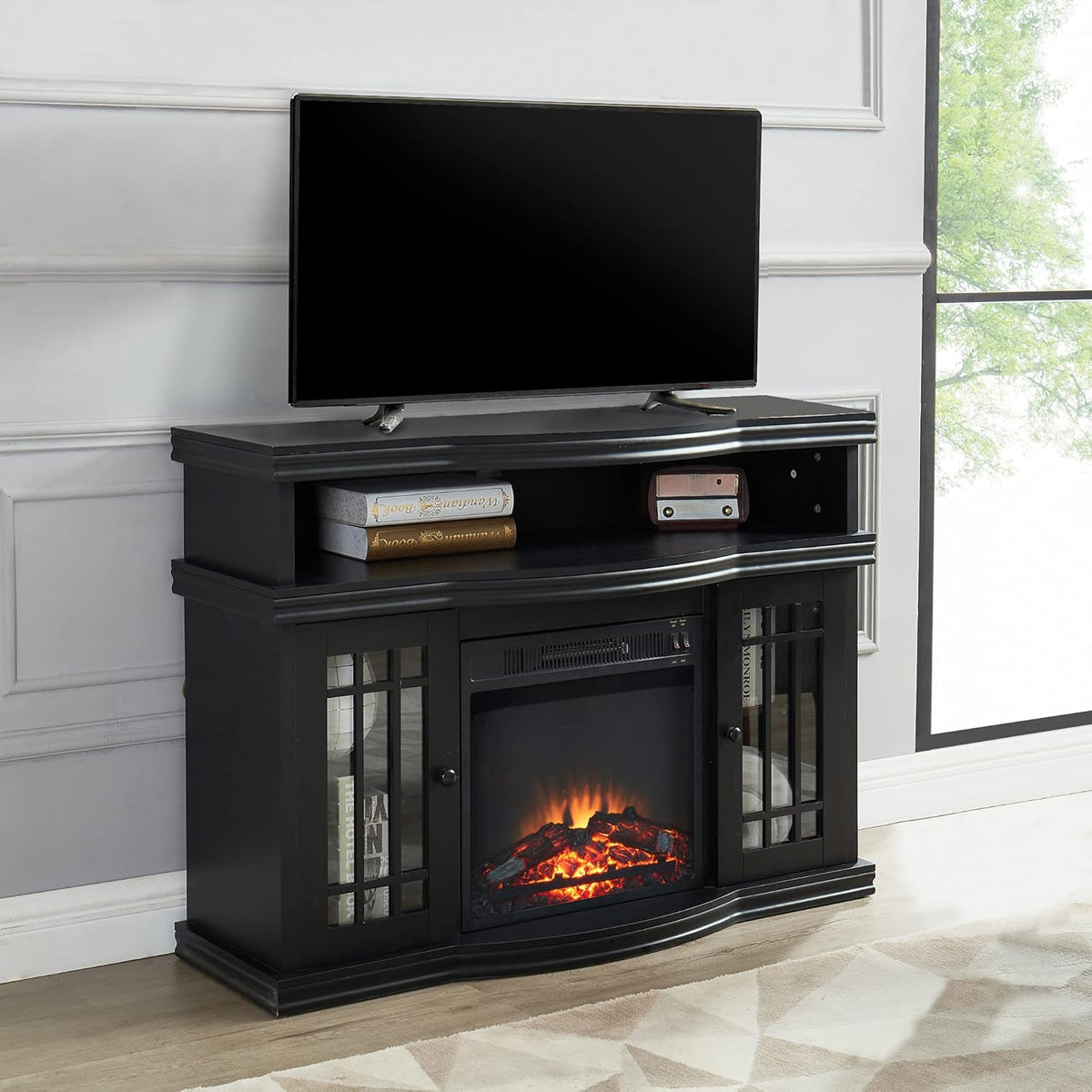 Black Electric Fireplace TV Stand with Two Tempered Glass Storage Cabinet and Adjustable Shelves O10653