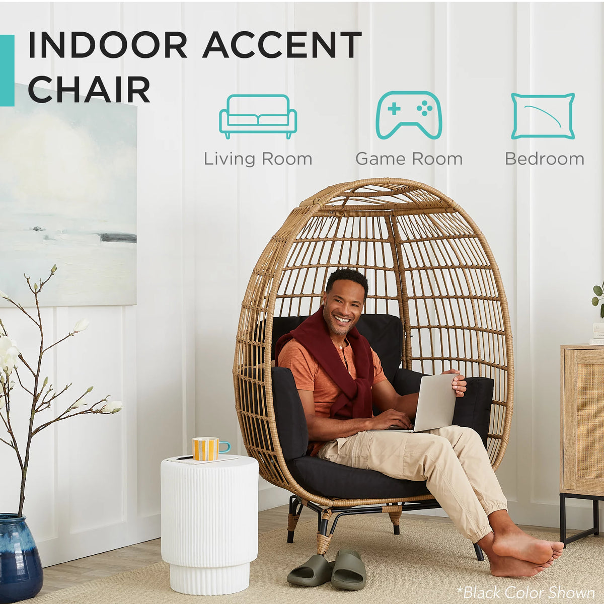 Oversized Black Wicker Egg Chair with Steel Frame E662