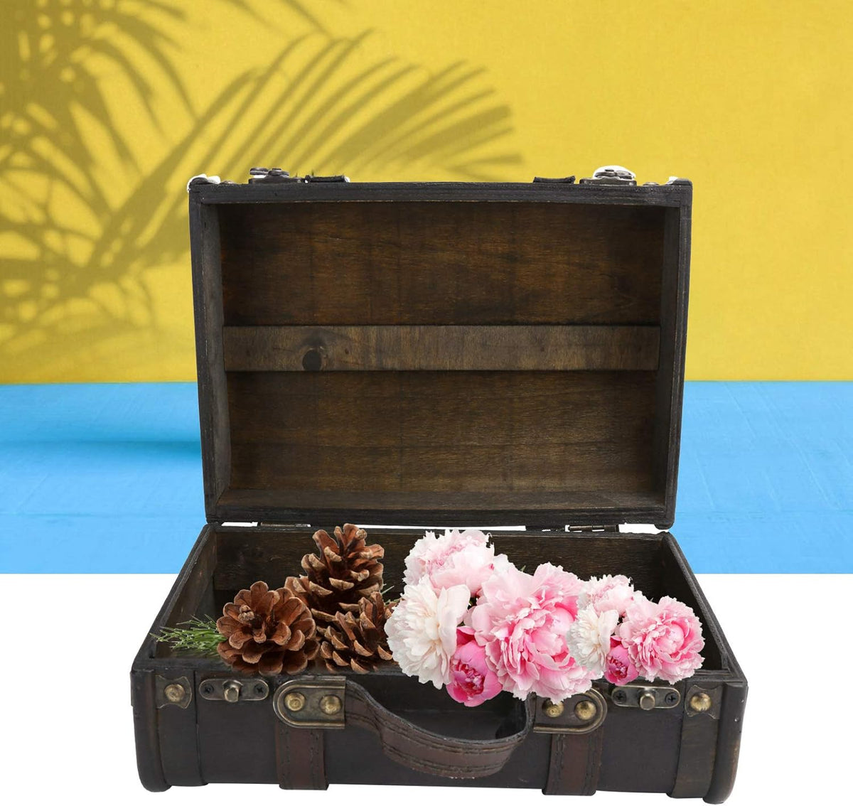Vintage Wooden Suitcase with Buckle Lock Storage Chest M984476