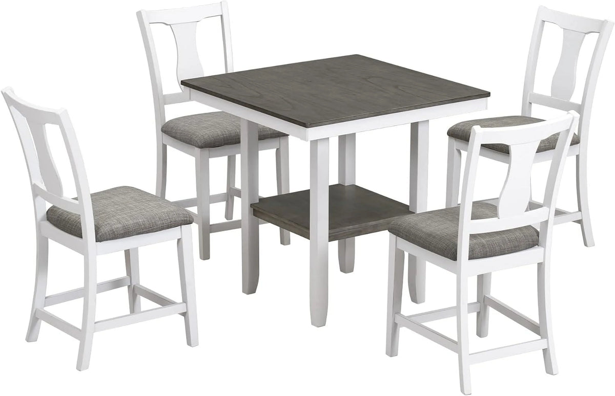 Antique White 5 Piece Counter Height Dining Table Set with Storage Shelf I13640