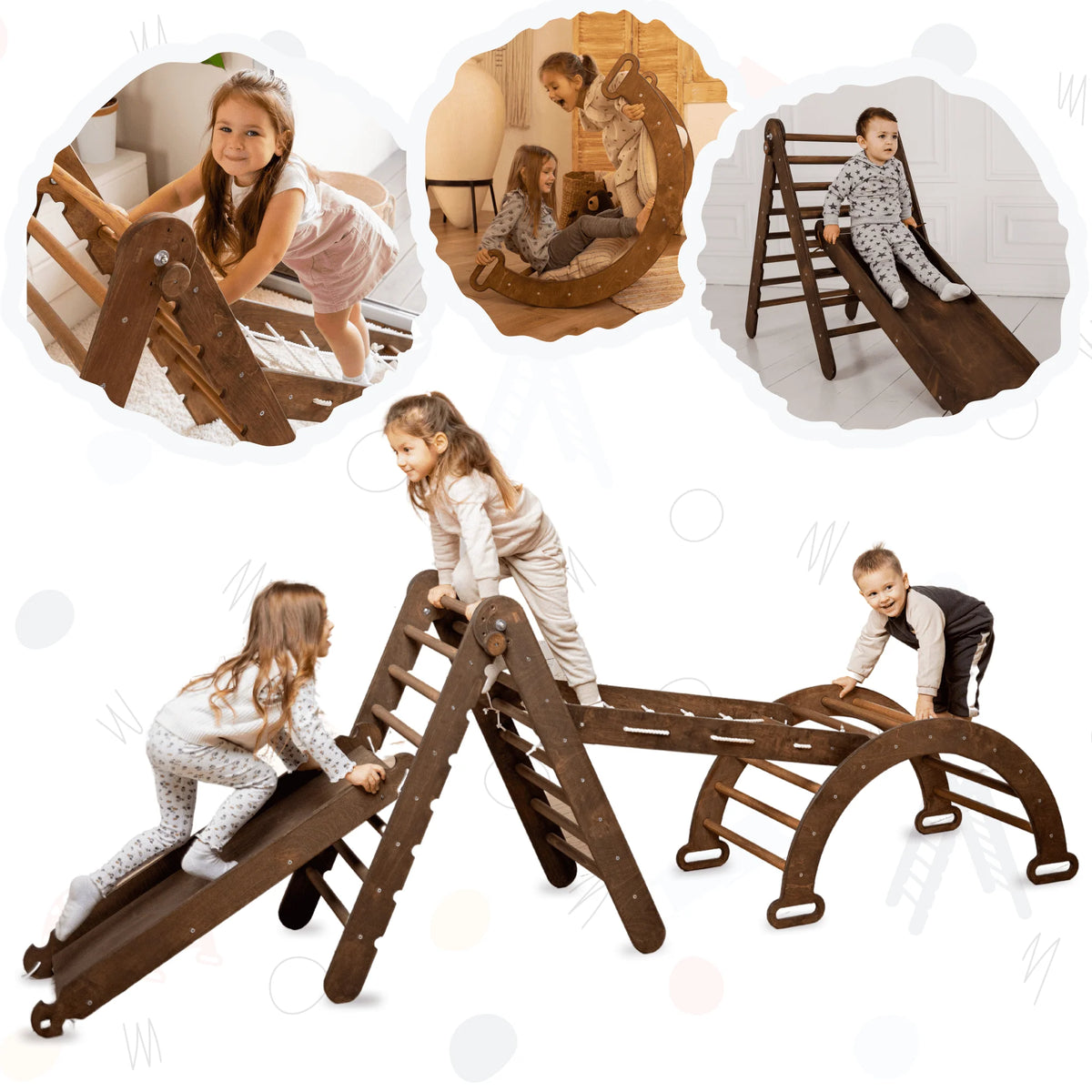 4-in-1 Wooden Foldable Indoor Playground with Climbing Arch Slide Board and Net D7234