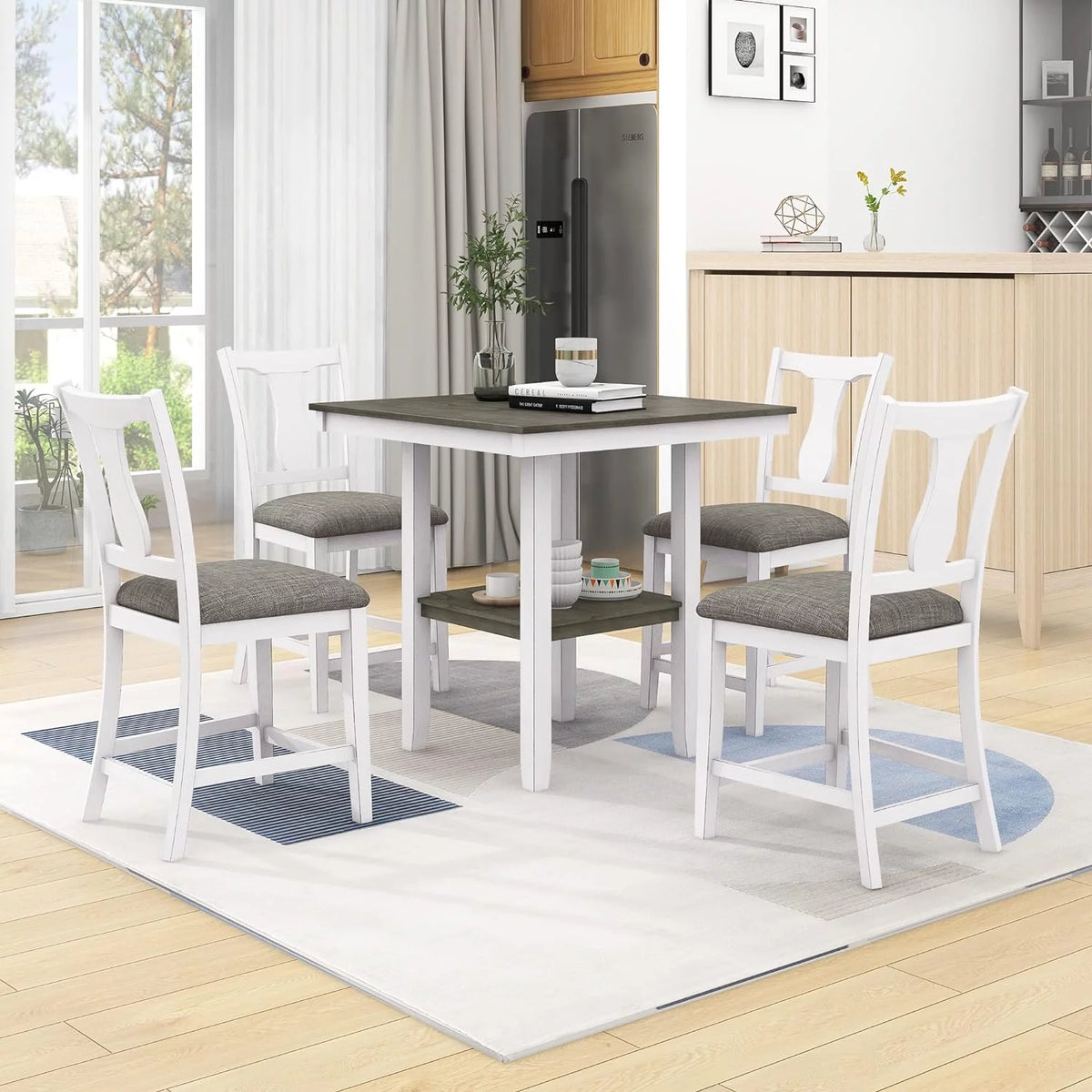 Antique White 5 Piece Counter Height Dining Table Set with Storage Shelf I13640