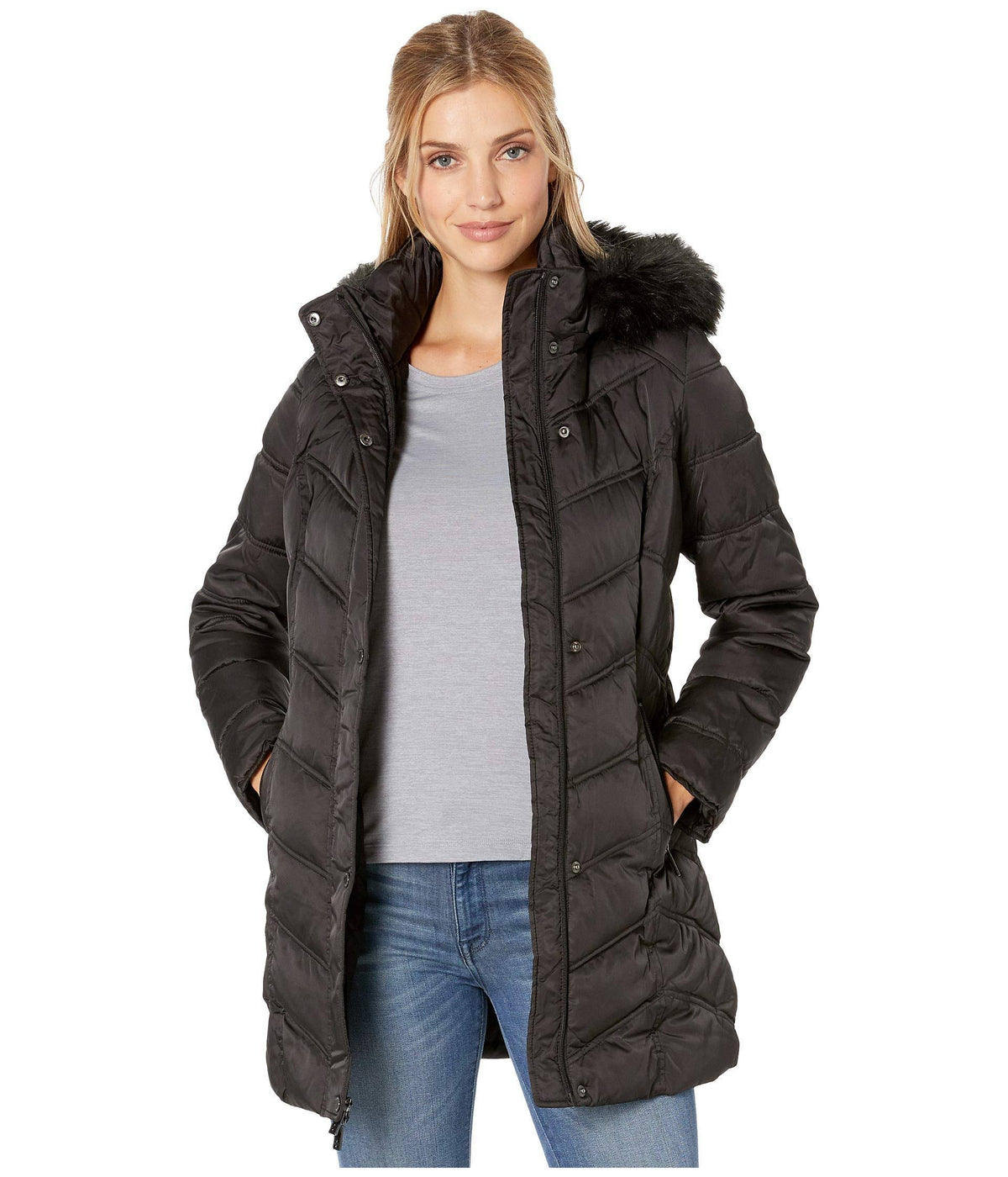 Black Chevron Quilted Coat with Faux Fur Hood D697