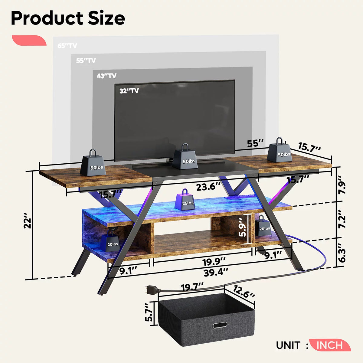 55 Gaming TV Stand with Power Outlet LED Entertainment Center O5785