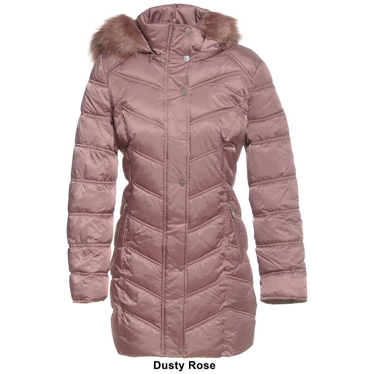 Black Chevron Quilted Coat with Faux Fur Hood D697