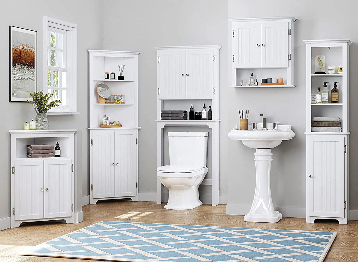 White Tall Corner Bathroom Cabinet with Doors and Hutch Y631