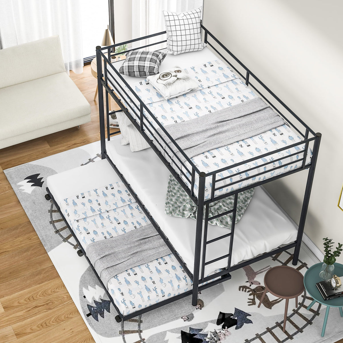 Black Metal Twin over Twin Bunk Bed with Trundle U67133