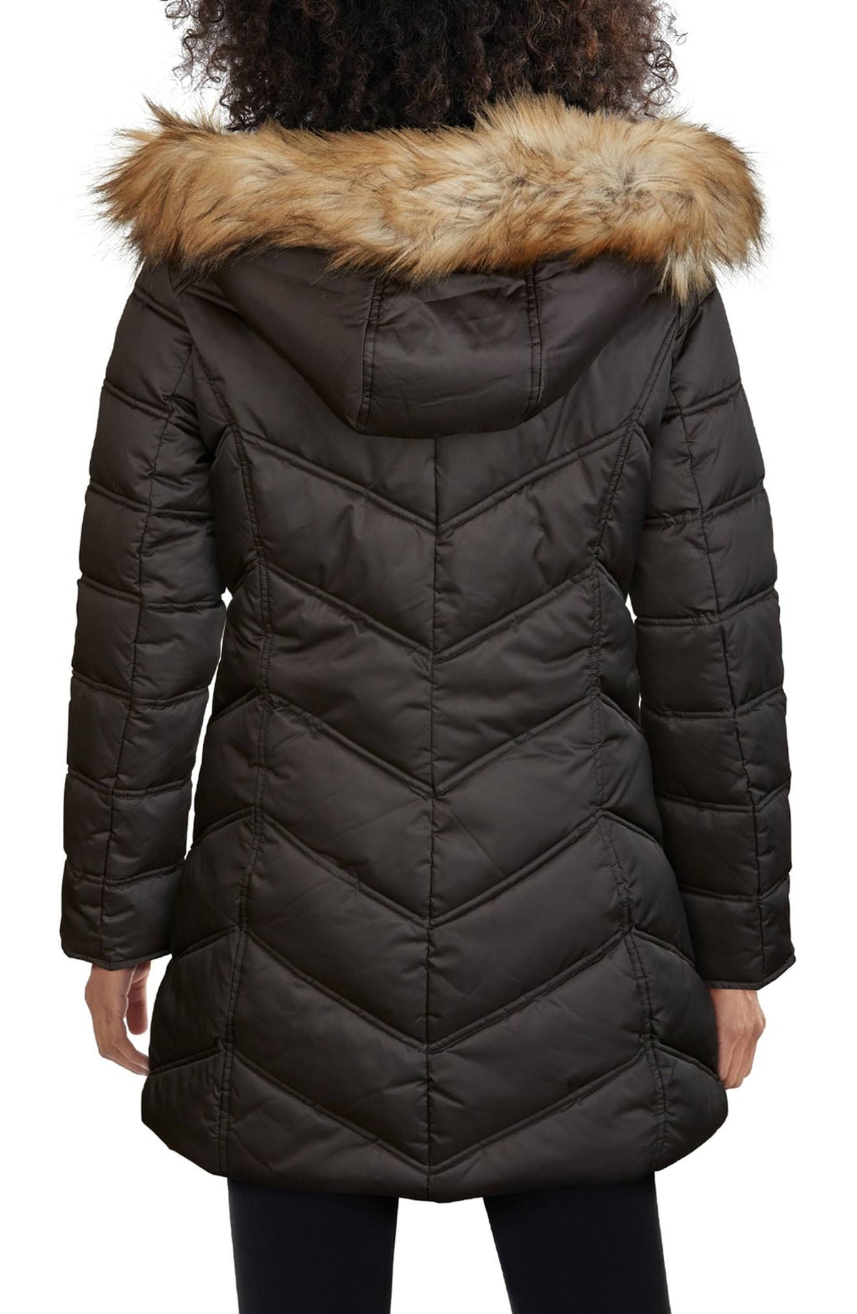 Black Chevron Quilted Coat with Faux Fur Hood D697