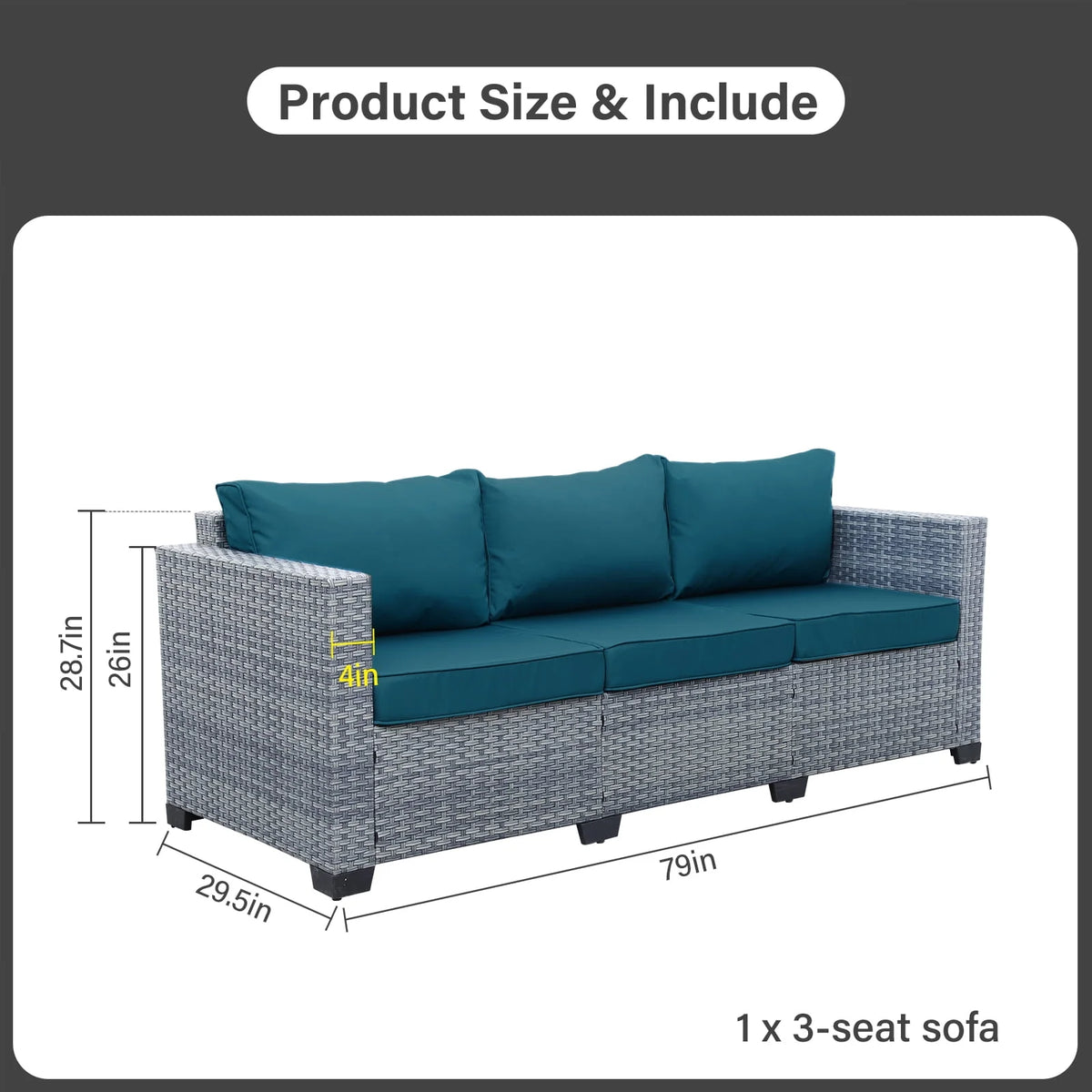 3-Seat Gray Wicker Rattan Patio Sofa with Cushions L693