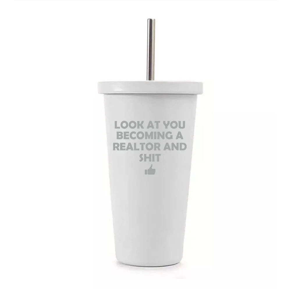 16 oz Stainless Steel Double Wall Insulated Tumbler Travel Mug With Straw Q78263