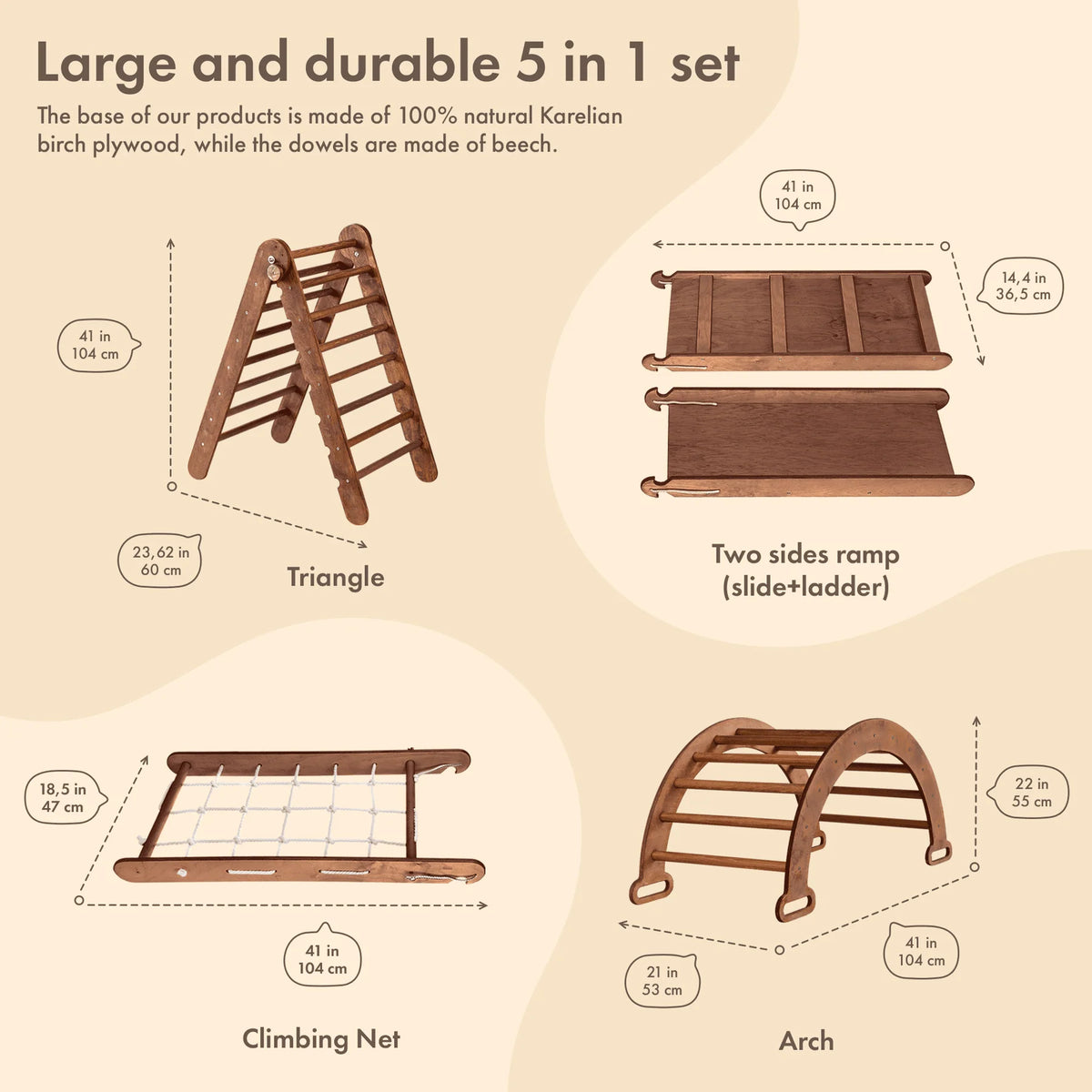 4-in-1 Wooden Foldable Indoor Playground with Climbing Arch Slide Board and Net D7234