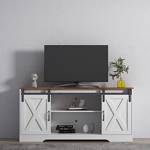 White 59 Inch Wood TV Stand with Sliding Barn Doors A732670