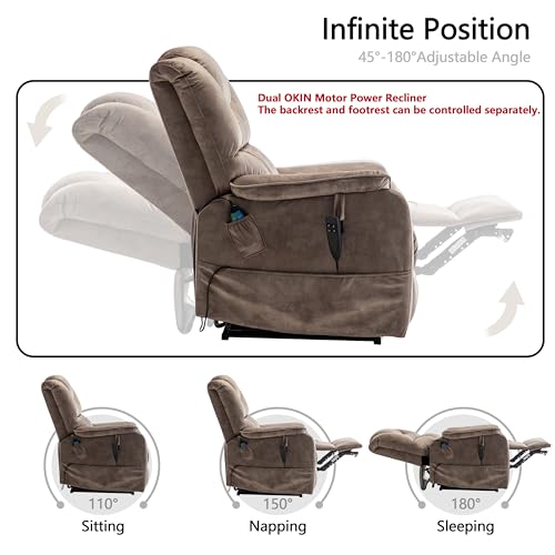 Brown Velvet Oversized Power Lift Recliner Chair with Massage Heat D423