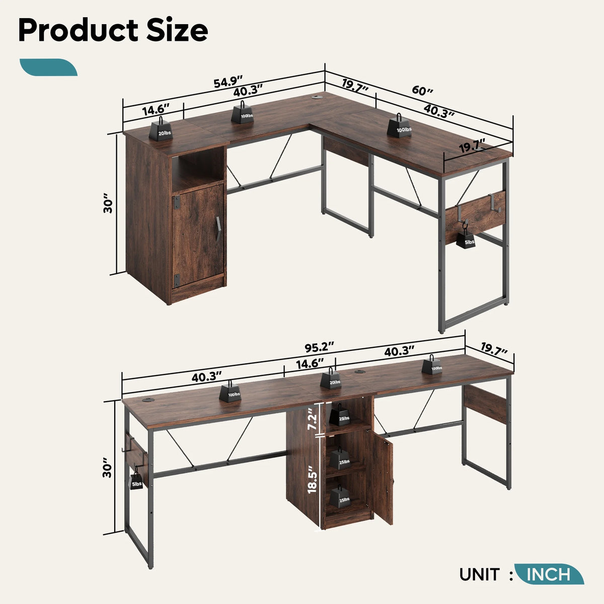 60 inches L Shaped Computer Desk with Storage Cabinet N384605