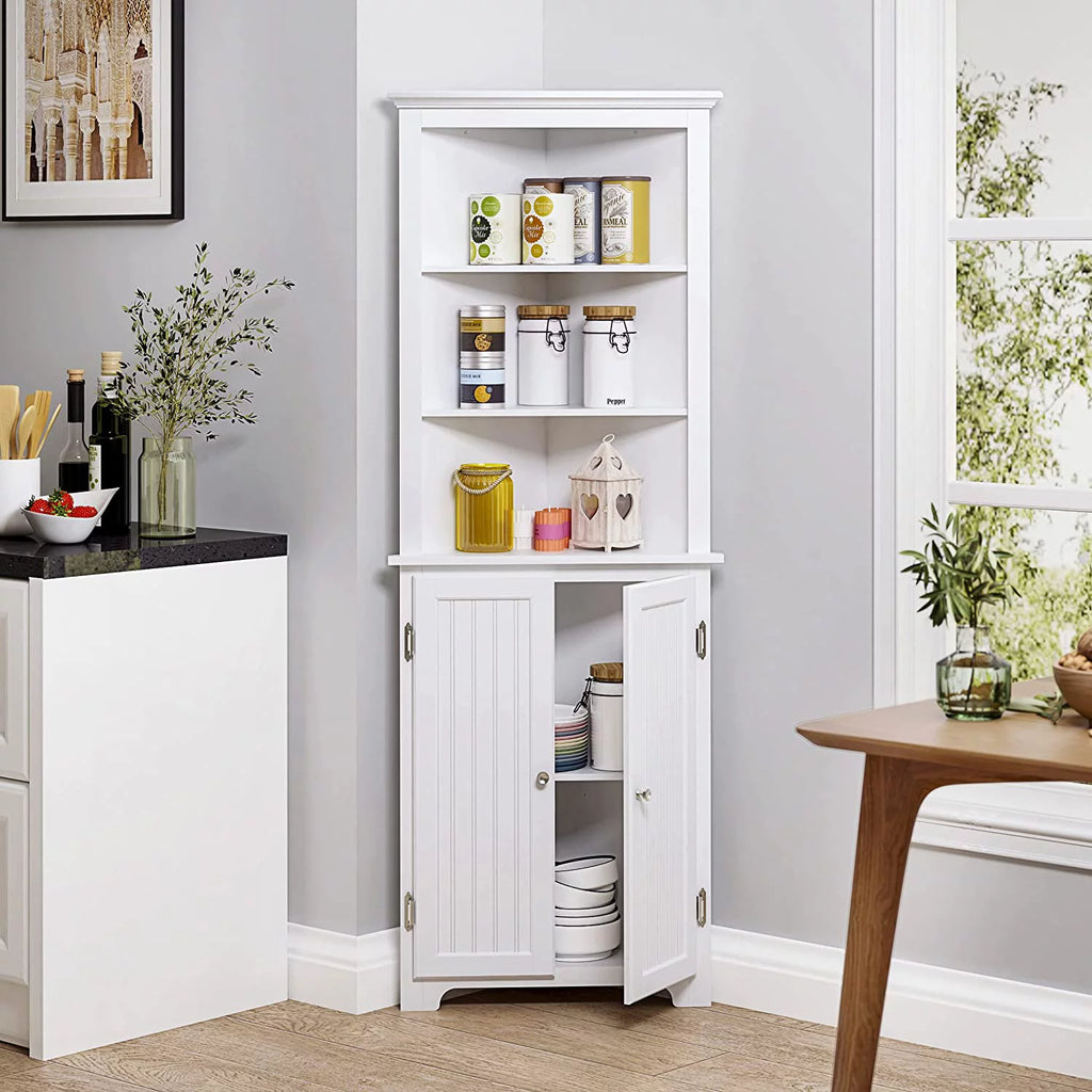 White Tall Corner Bathroom Cabinet with Doors and Hutch Y631