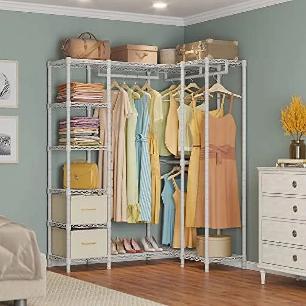 L Shaped Heavy Duty Garment Rack with Drawer White W97962