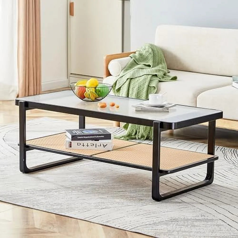 Rustic Natural Wood Rattan Coffee Table W985800