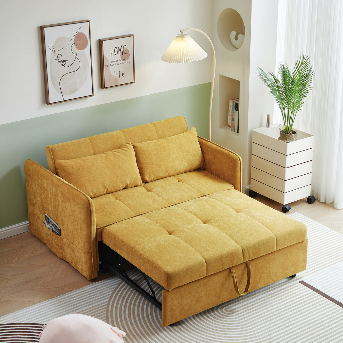Yellow Chenille Sofa Bed with Adjustable Armrests Z46950