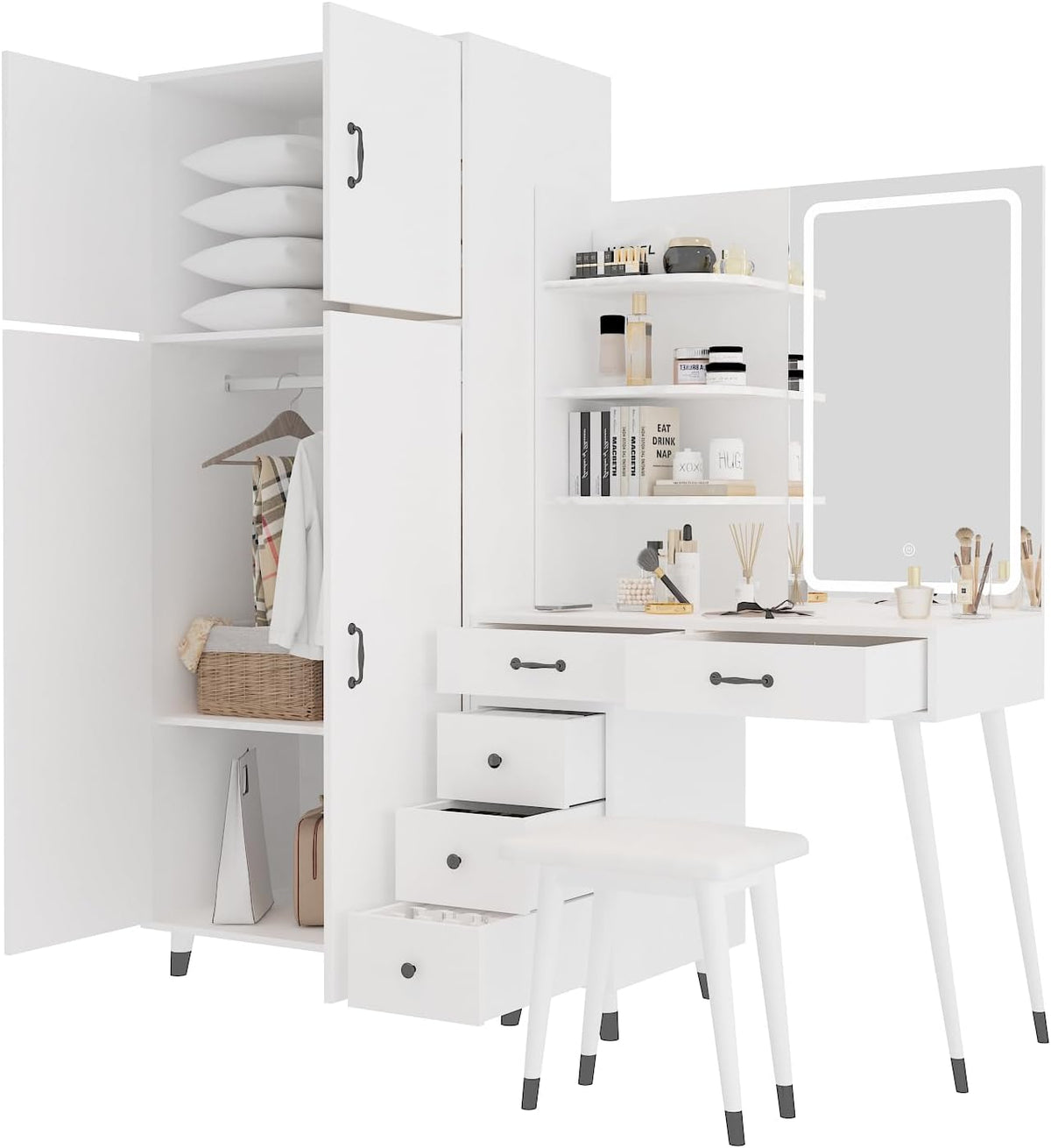 White Makeup Vanity Table and Armoire Wardrobe Set with LED Mirror and 5 Drawers I36109