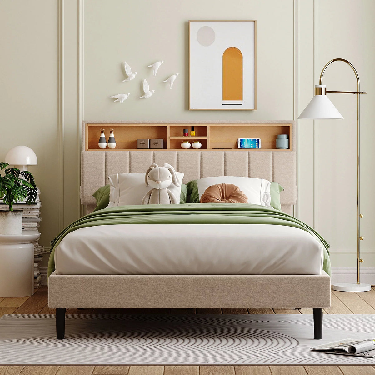 Full Size Linen Fabric Upholstered Platform Bed with Storage Headboard W602