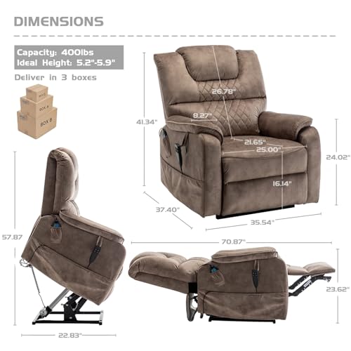 Brown Velvet Oversized Power Lift Recliner Chair with Massage Heat D423