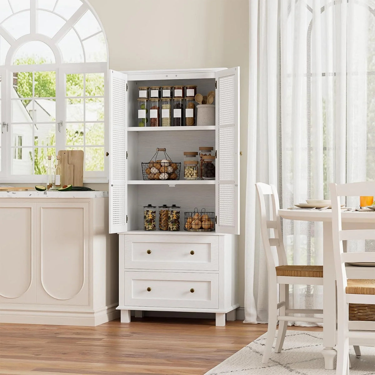 White Tall Pantry Cabinet with Rattan Doors and 2 Drawers S958120