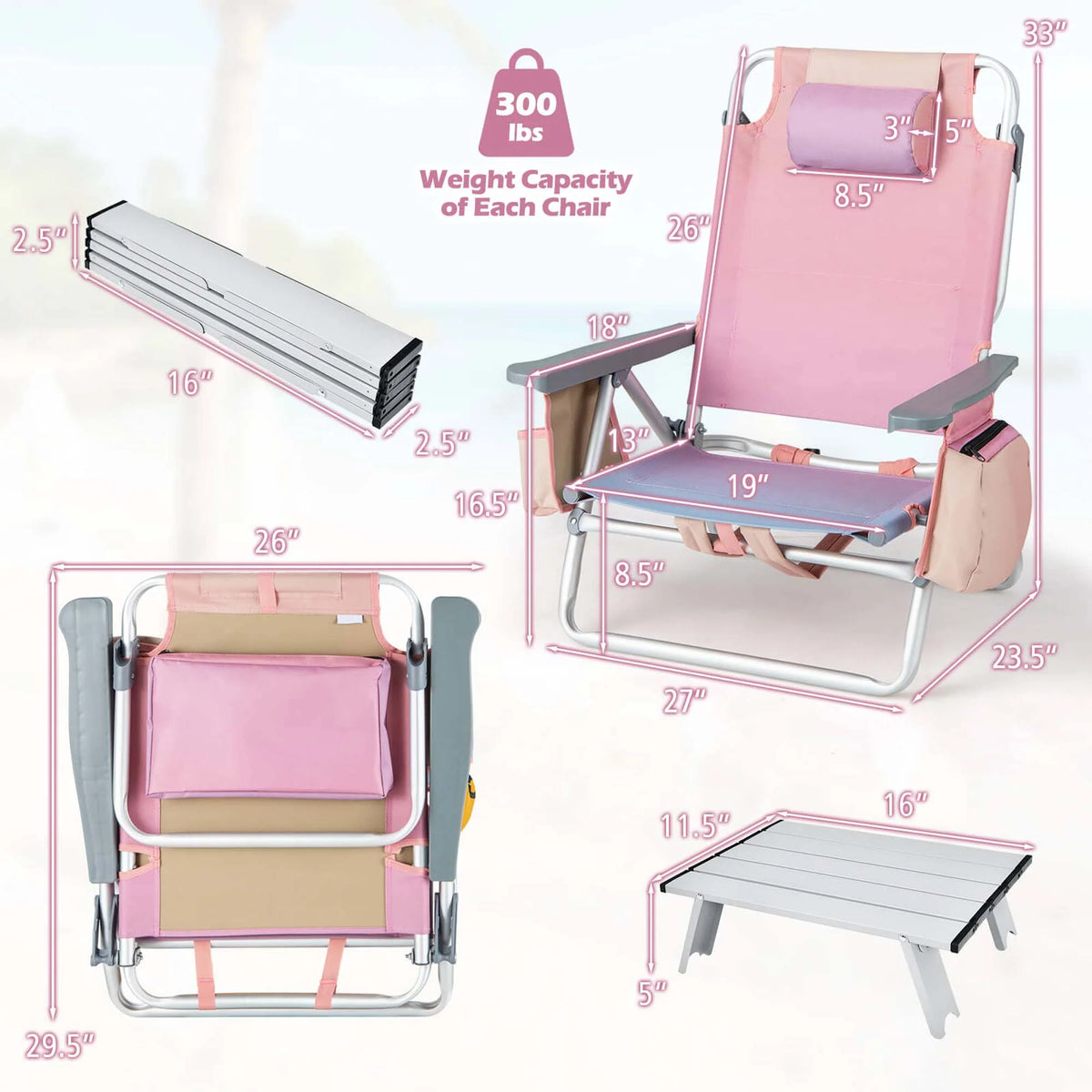 2-Pack Folding Backpack Beach Chair Pink C576
