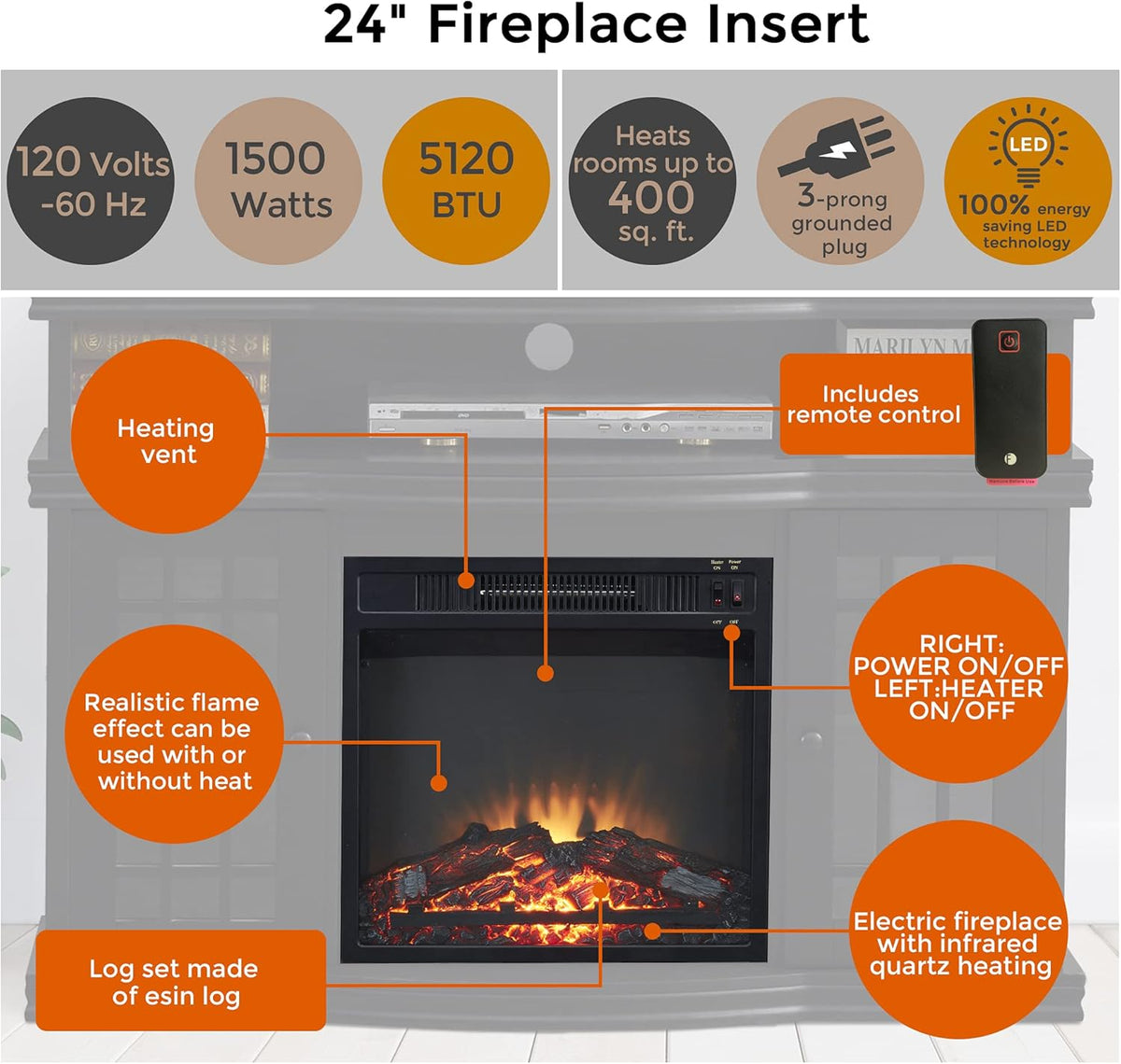 Black Electric Fireplace TV Stand with Two Tempered Glass Storage Cabinet and Adjustable Shelves O10653