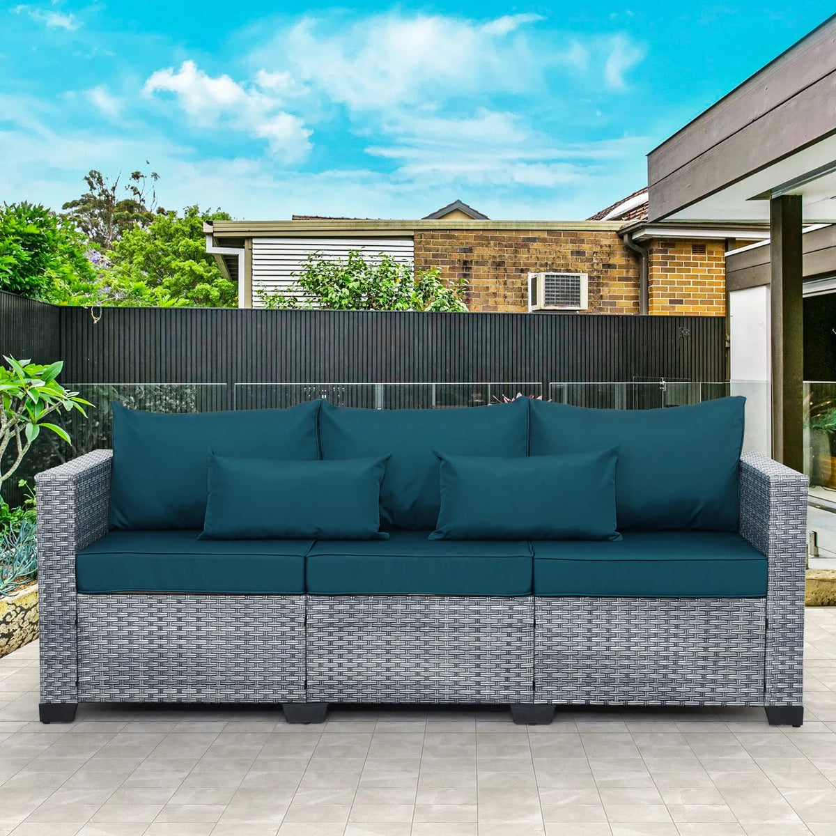 3-Seat Gray Wicker Rattan Patio Sofa with Cushions L693