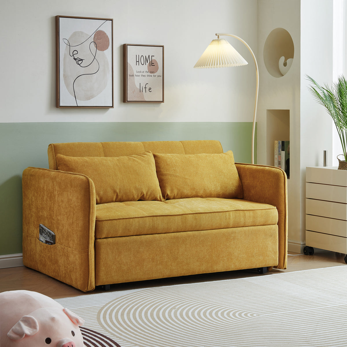 Yellow Chenille Sofa Bed with Adjustable Armrests Z46950