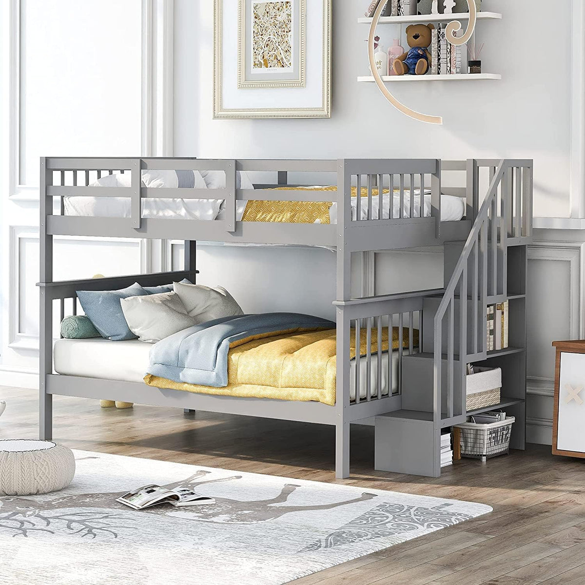 Grey Twin Over Twin Low Bunk Bed with Slide and Ladder R7562