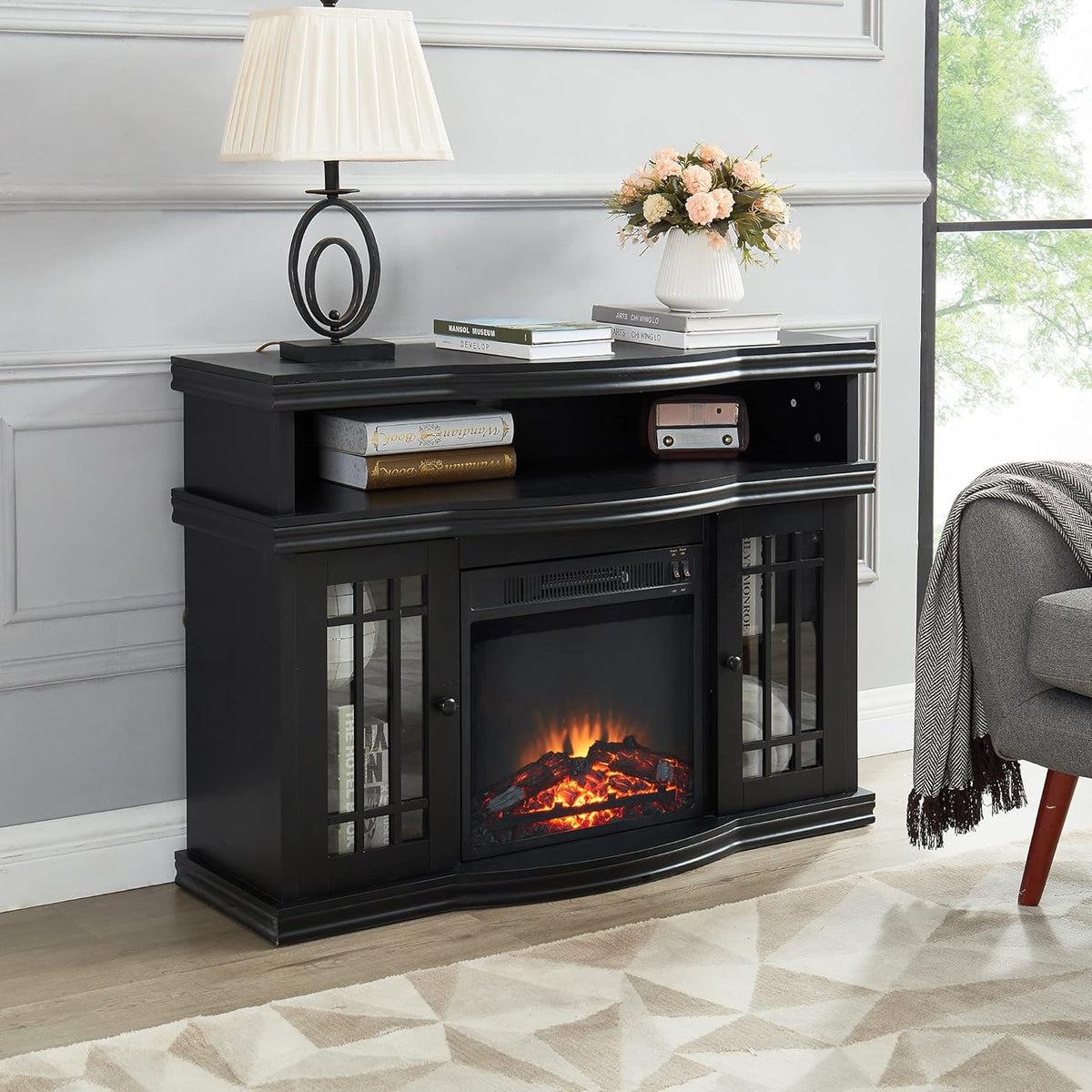 Black Electric Fireplace TV Stand with Two Tempered Glass Storage Cabinet and Adjustable Shelves O10653