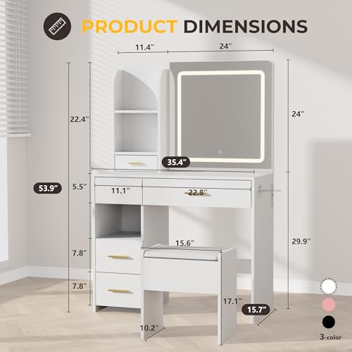 White Vanity Desk with Lighted Mirror and Stool K2087