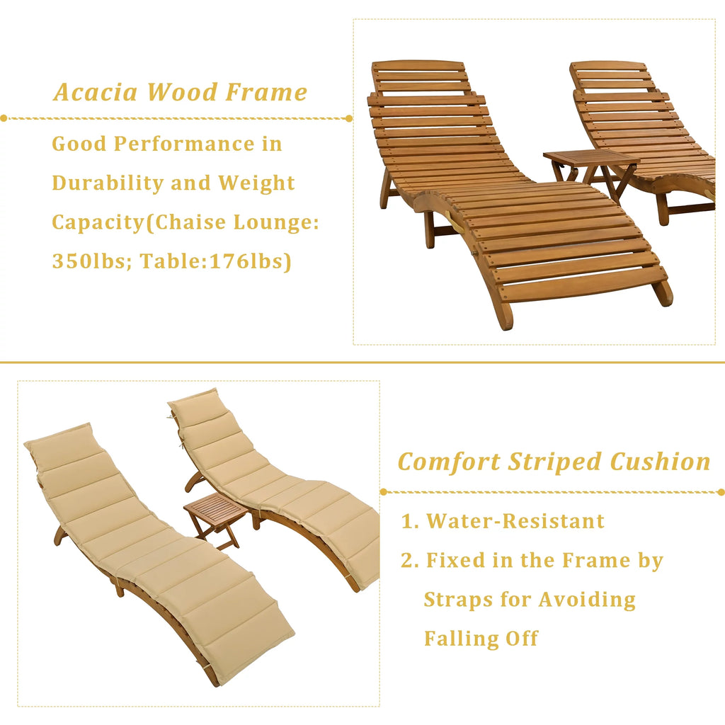 Portable Wood Chaise Lounge Set with Foldable Tea Table S303