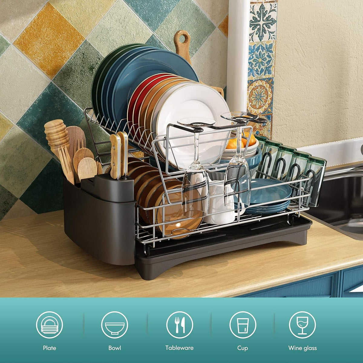 2 Tier Stainless Steel Dish Drying Rack and Drainboard Set with Utensil Holder U465662