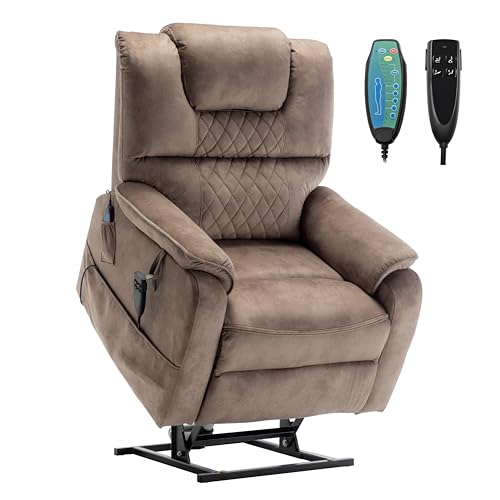 Brown Velvet Oversized Power Lift Recliner Chair with Massage Heat D423