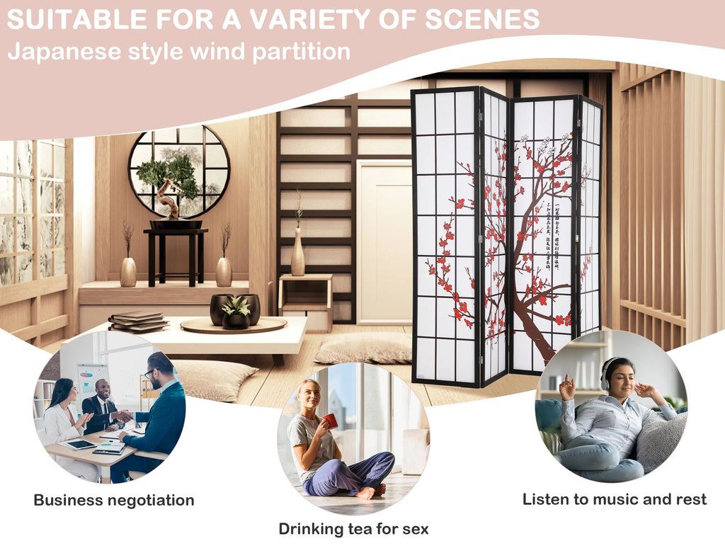 4 Panel 6Ft Wood Folding Privacy Screen F43835
