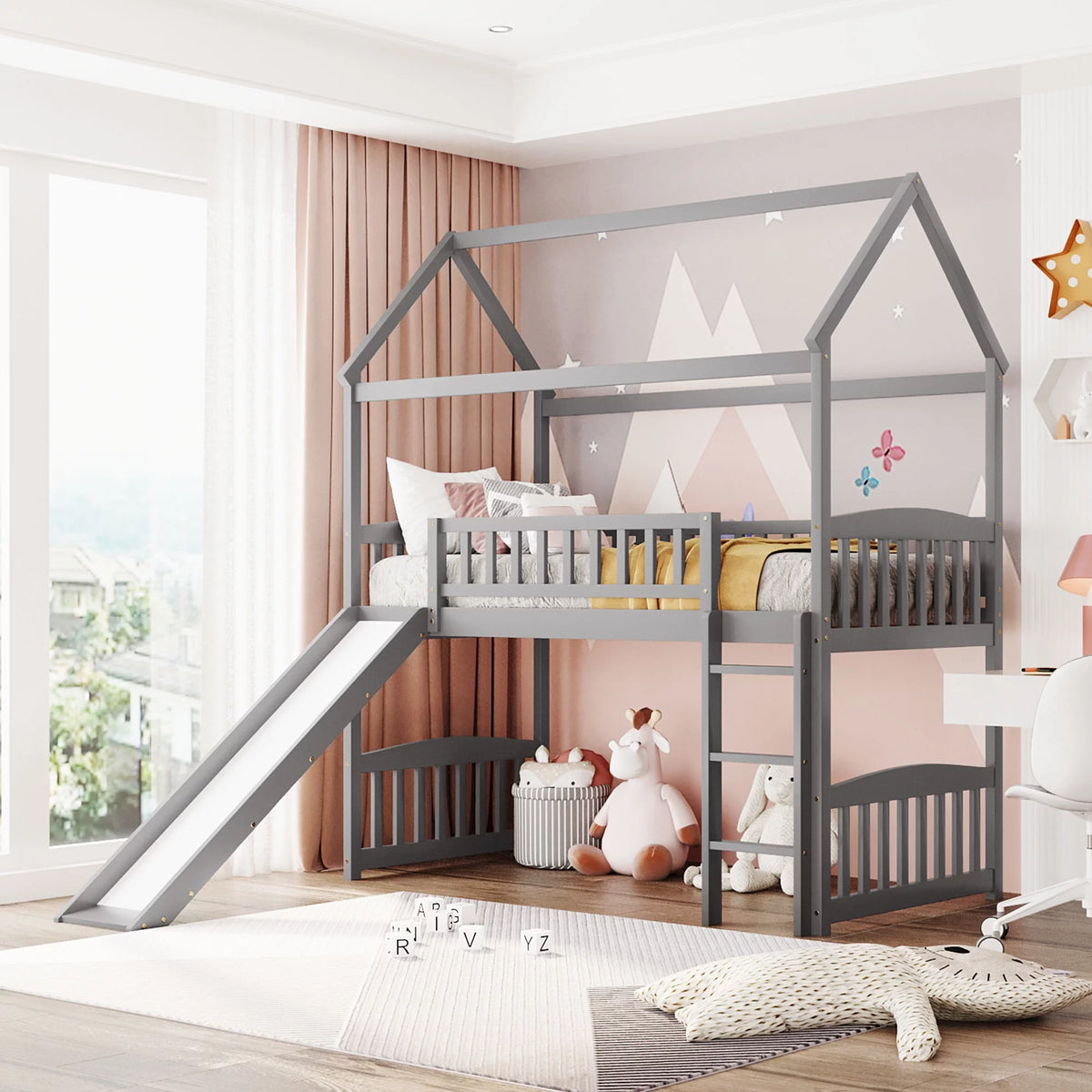 Twin Wood Loft Bed with Slide and Roof Gray G4504