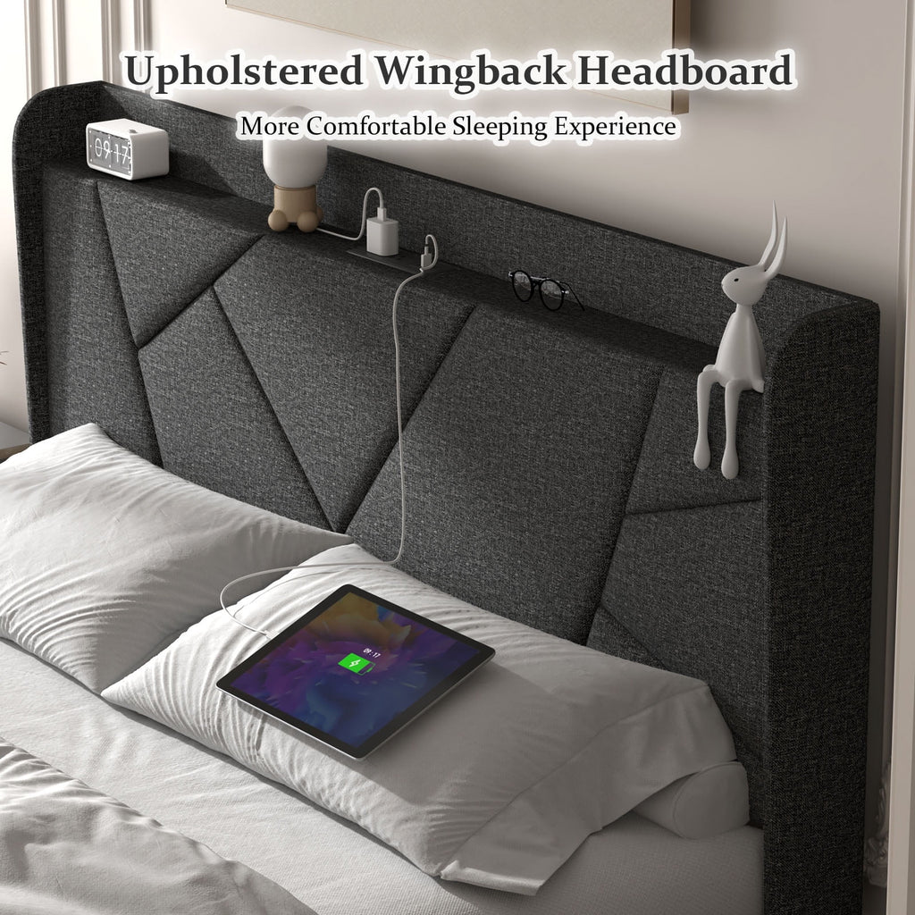Queen Upholstered Platform Bed Frame with Wingback Storage Headboard K106