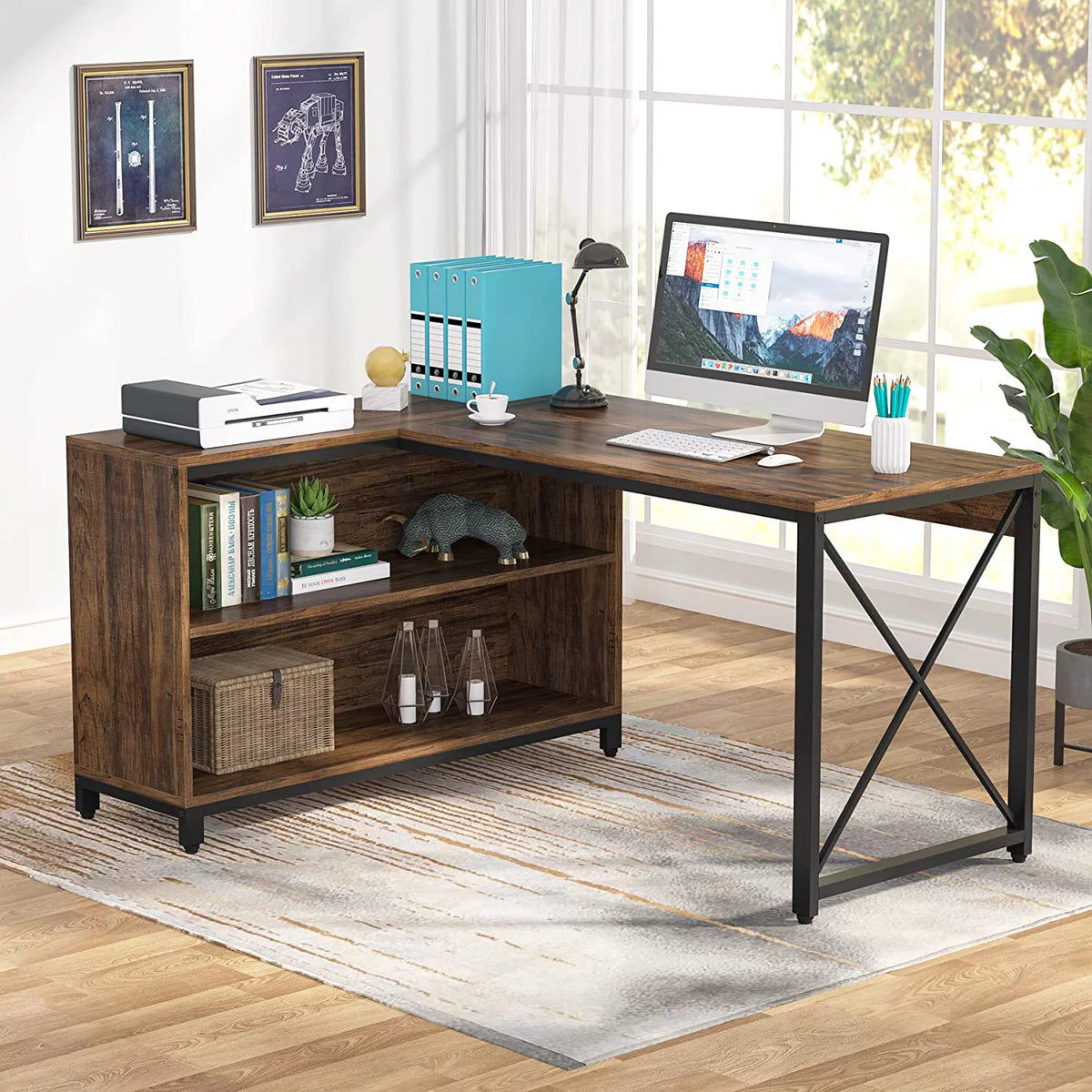 55" Reversible L Shaped Corner Computer Desk with Storage Shelves G5751