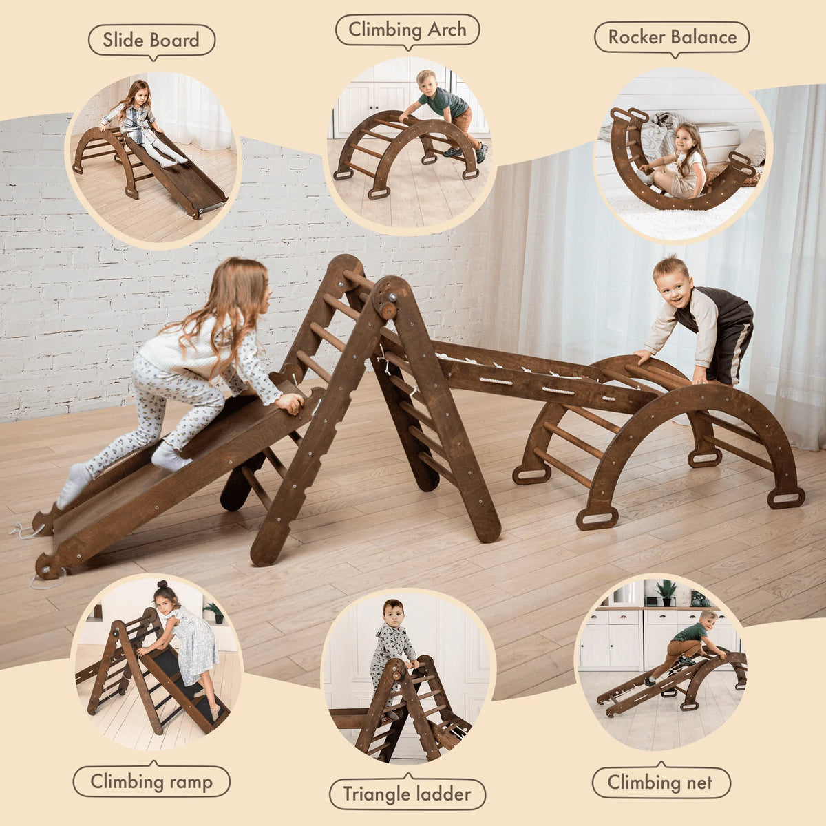 4-in-1 Wooden Foldable Indoor Playground with Climbing Arch Slide Board and Net D7234