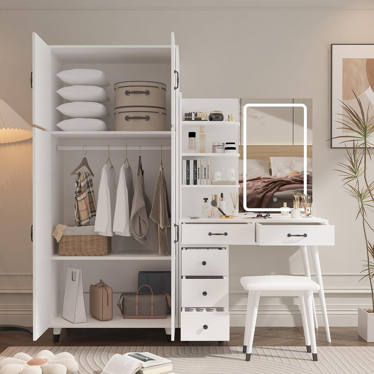White Makeup Vanity Table and Armoire Wardrobe Set with LED Mirror and 5 Drawers I36109