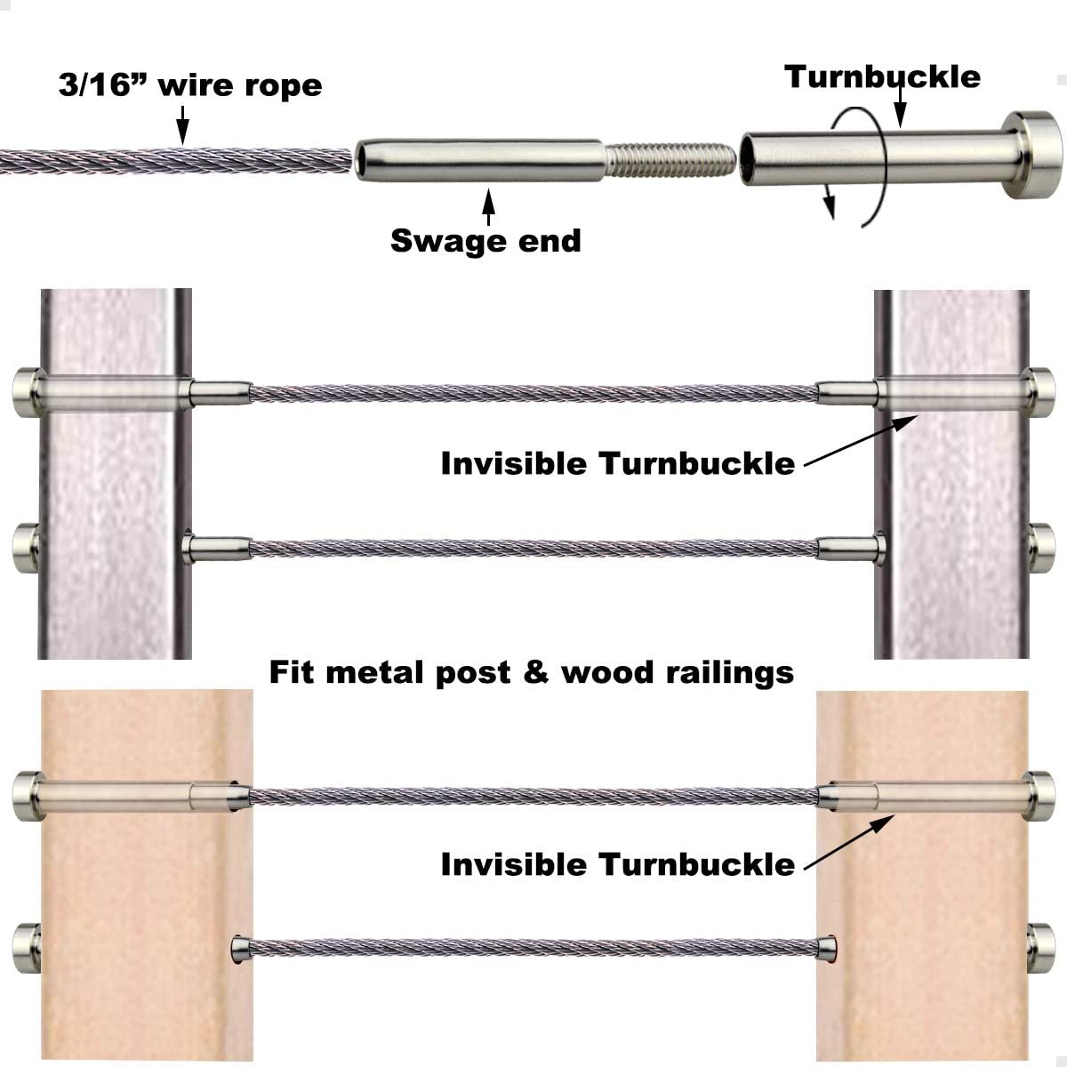 20 Pcs 3/16 Invisible Turnbuckle Kit T316 Stainless Steel Cable Railing Hardware Kit I394