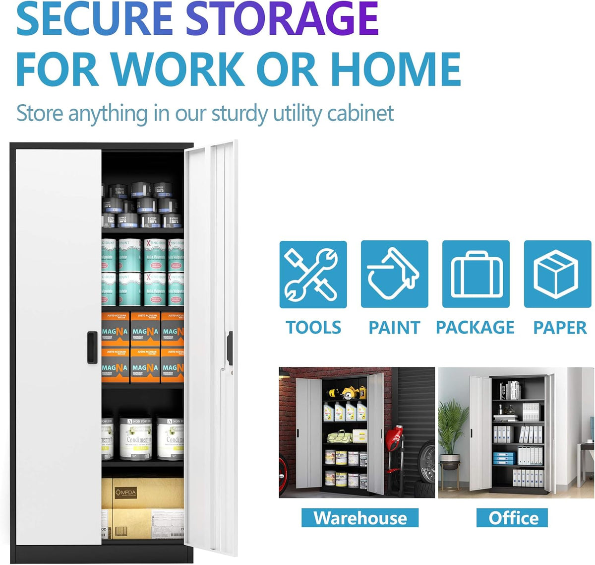 Metal Storage Cabinet with Lock, 4 Adjustable Shelves I689413