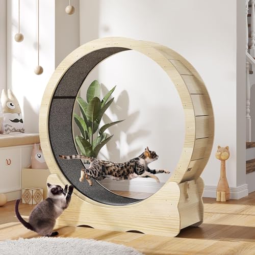 43.3 Inch Solid Wood Cat Exercise Running Wheel with Carpeted Runway N84925