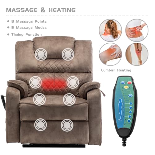 Brown Velvet Oversized Power Lift Recliner Chair with Massage Heat D423