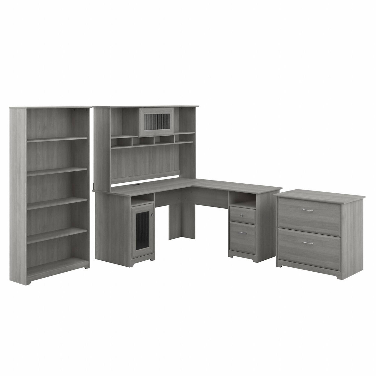 L Shaped Desk with Hutch Lateral File Cabinet and 5 Shelf Bookcase Y44571
